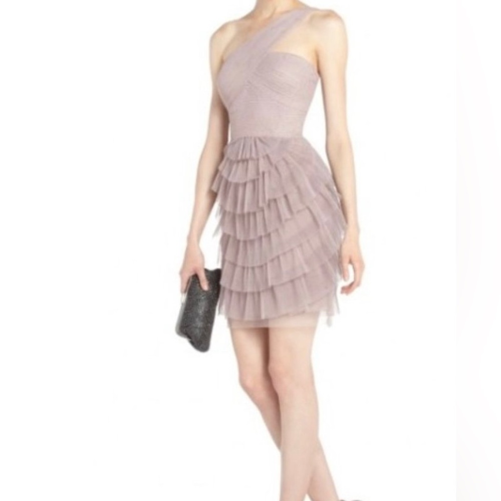 BCBG MaxAzria lavender one shoulder mesh tiered mini size 4